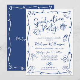 Blue Hand Drawn Doodles Graduation Fun White Party Einladung