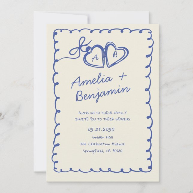 Blue hand drawn heart Whimsical Wedding  Invitati Einladung (Vorderseite)