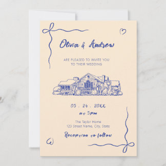 Blue Hand Drawn Sketch Venue Wedding Einladung