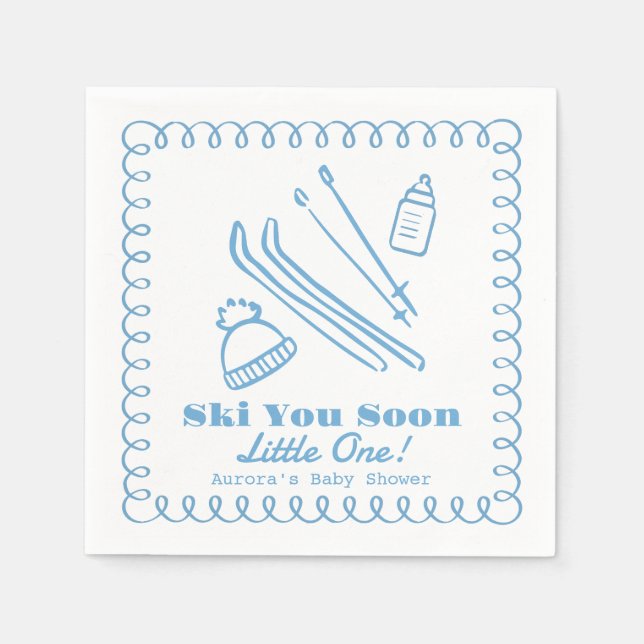 Blue Hand-Drawn Ski You Soon Boy Baby Shower Serviette (Vorderseite)