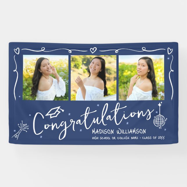 Blue Hand Drawn Style Doodles Graduation 3 Photo Banner (Horizontal)