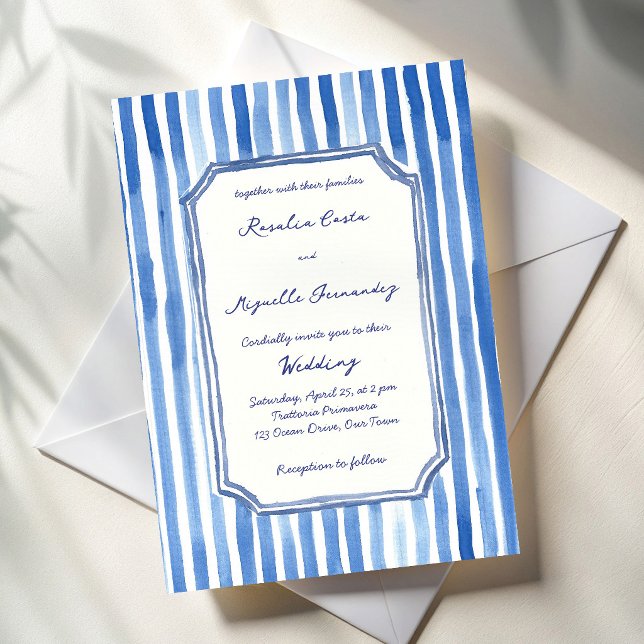 Blue hand drawn vintage stripes wedding einladung (Blue hand drawn stripes hand writing vintage wedding invitation cards template )
