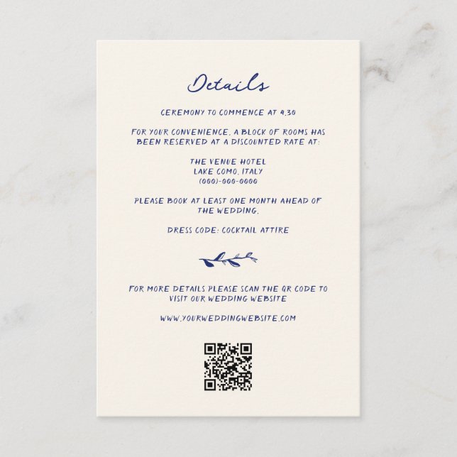 Blue Hand Drawn Wedding Details QR Code Begleitkarte (Vorderseite)