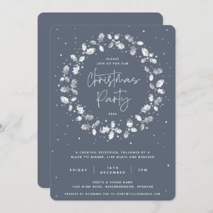 Blue Hand Printed Holly Wreath Weihnachts-Party Einladung