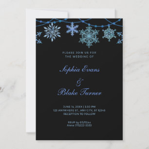 Blue Hanging Lights and Snowflakes Black Wedding Einladung