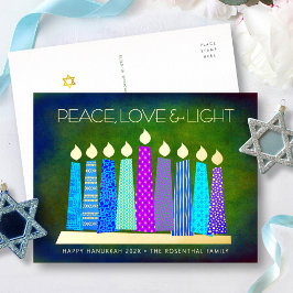 Blue Hanukkah Candles Peace Liebe Light Folien Feiertagspostkarte