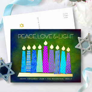 Blue Hanukkah Candles Peace Liebe Light Folien Feiertagspostkarte