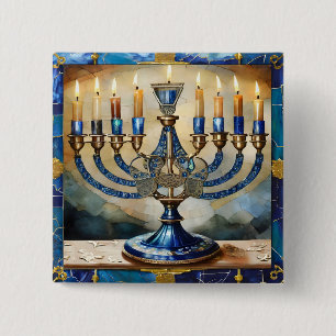 Blue Hanukkah Menorah Button