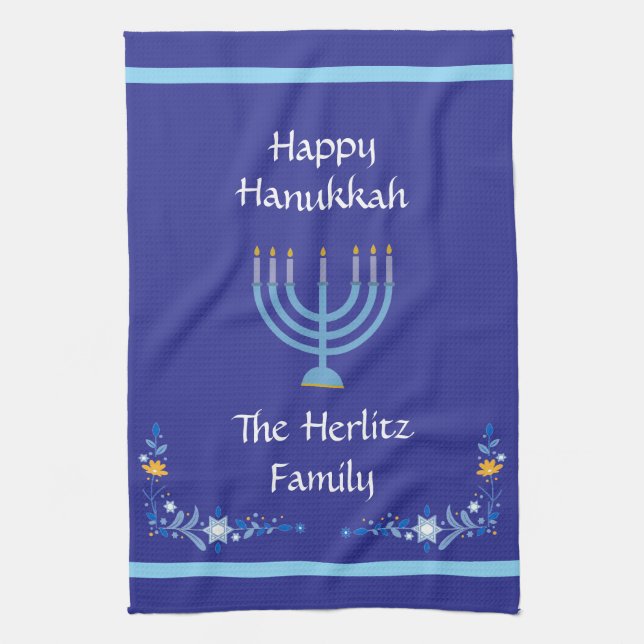 Blue HANUKKAH Menorah Kundenname Geschirrtuch (Vertikal)