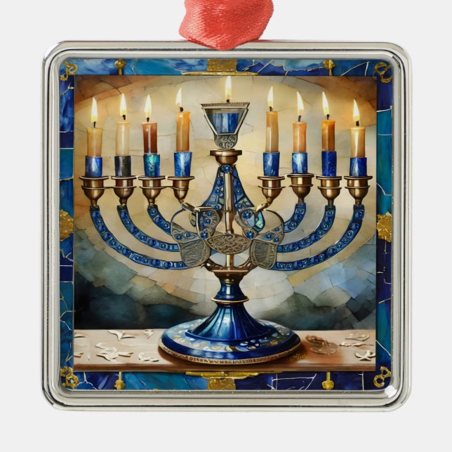 Blue Hanukkah Menorah Ornament Aus Metall (Vorne)