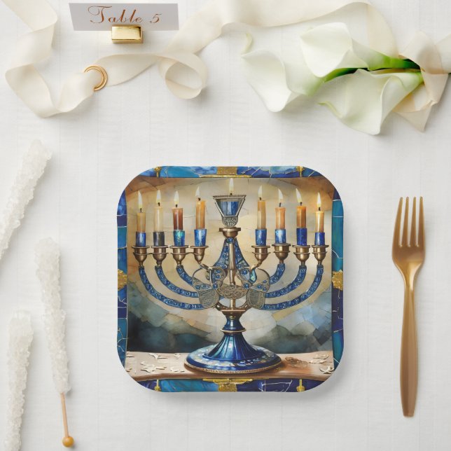 Blue Hanukkah Menorah Pappteller (Hochzeit)
