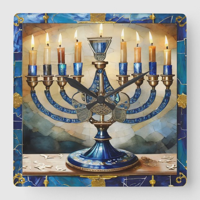 Blue Hanukkah Menorah Quadratische Wanduhr (Vorderseite)