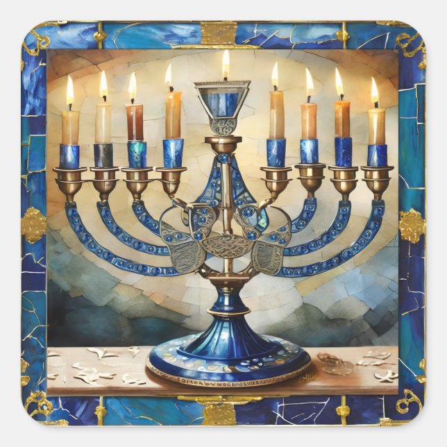 Blue Hanukkah Menorah Quadratischer Aufkleber (Vorderseite)