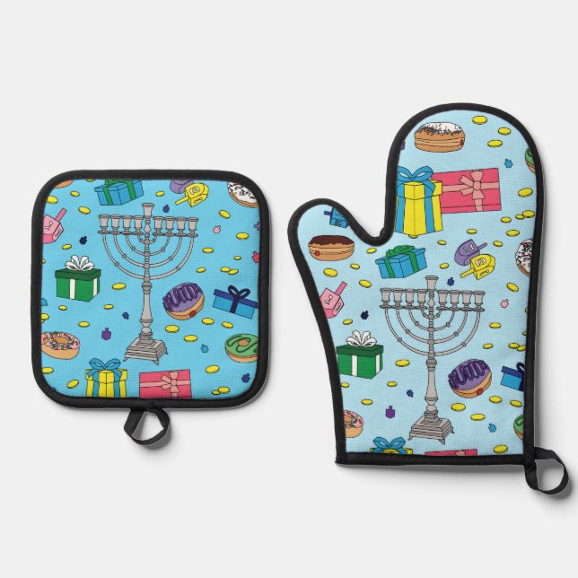Blue Hanukkah Pattern Ofenhandschuh & Topflappen-Set (Vorderseite)
