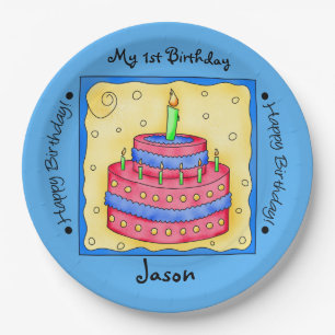 Blue Happy 1. Geburtstag Cake Plate Pappteller