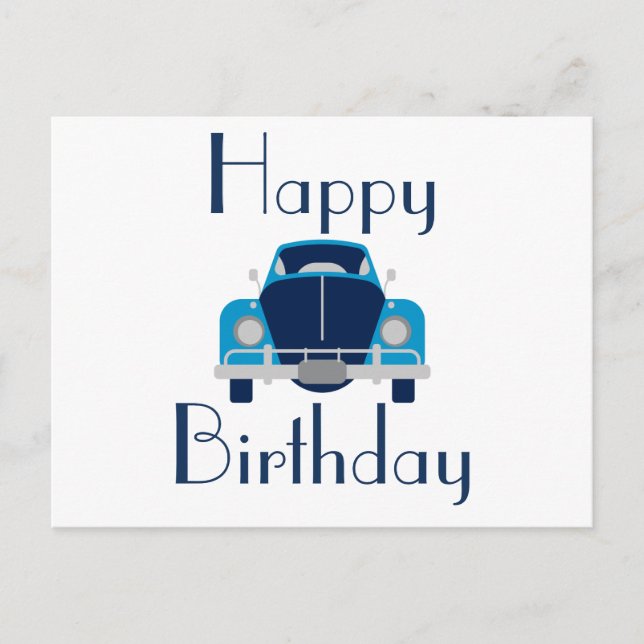 Blue Happy Birthday Car Postcard Postkarte (Vorderseite)