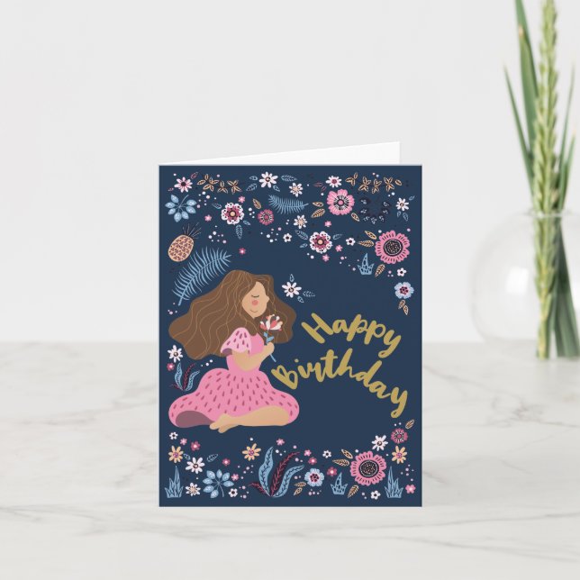Blue Happy Birthday Lady Floral Blume Card Karte (Vorderseite)