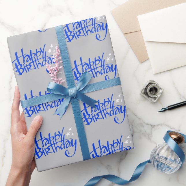 Blue Happy Birthday on Gray Geschenkpapier (Schenken)