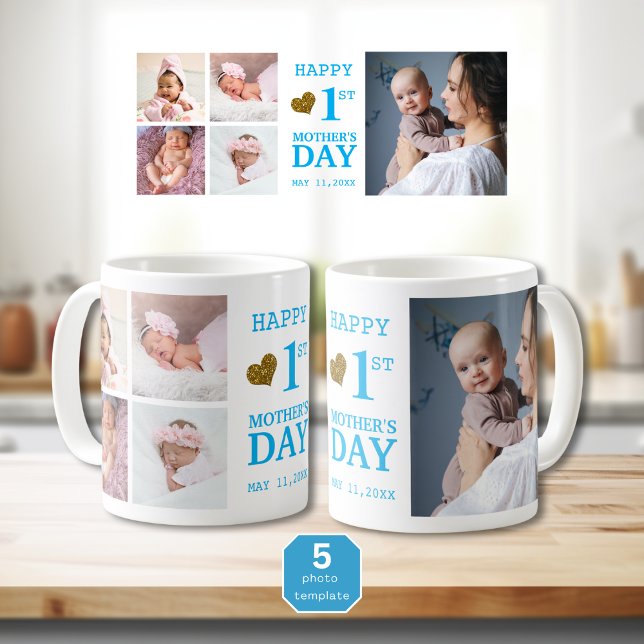 Blue Happy First Mother's Day 5 Foto Collage Kaffeetasse (Blue Happy First Mother's Day 5 Photo Collage Coffee Mug
)