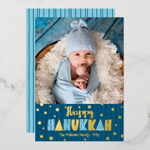 Blue Happy Hanukkah Foto Niedlich Modern Real Gold Folien Feiertagskarte