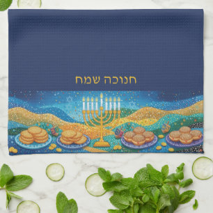 Blue Happy Hanukkah Menorah Food Latkes & Donuts Geschirrtuch