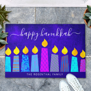 Blue Happy Hanukkah Script Modern Boho Candle Name Fußmatte
