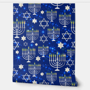 Blue Happy Hanukkah Stern von David Menorah Modern Tapete