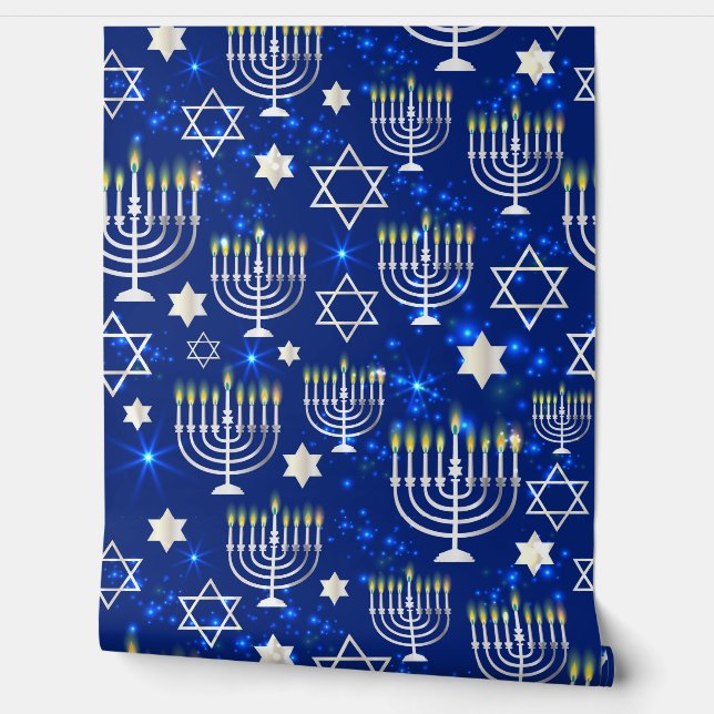 Blue Happy Hanukkah Stern von David Menorah Modern Tapete (Abrollen)