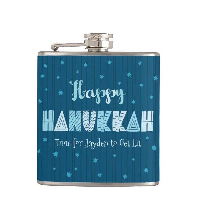 Blue Happy Hanukkah Typografie Star von David Name Flachmann (Vorderseite)