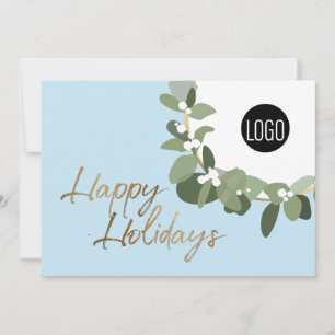 Blue Happy Holidays Wreath Your Logo Gold Feiertagskarte