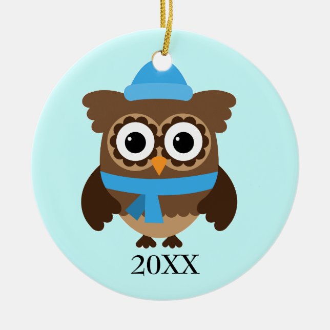 Blue Hat Owl mit Blue Scarf Ornament (Vorne)