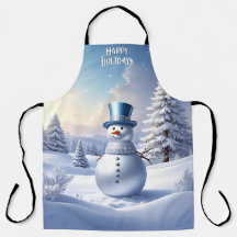Blue Hat Snowman Christmas Tree Holiday Apron