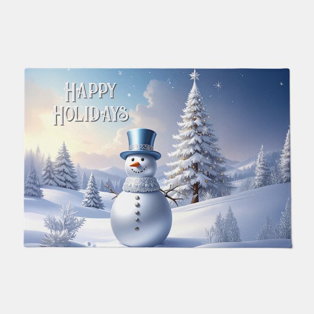 Blue Hat Snowman Christmas Tree Holiday Doormat Fußmatte (Vorderseite)