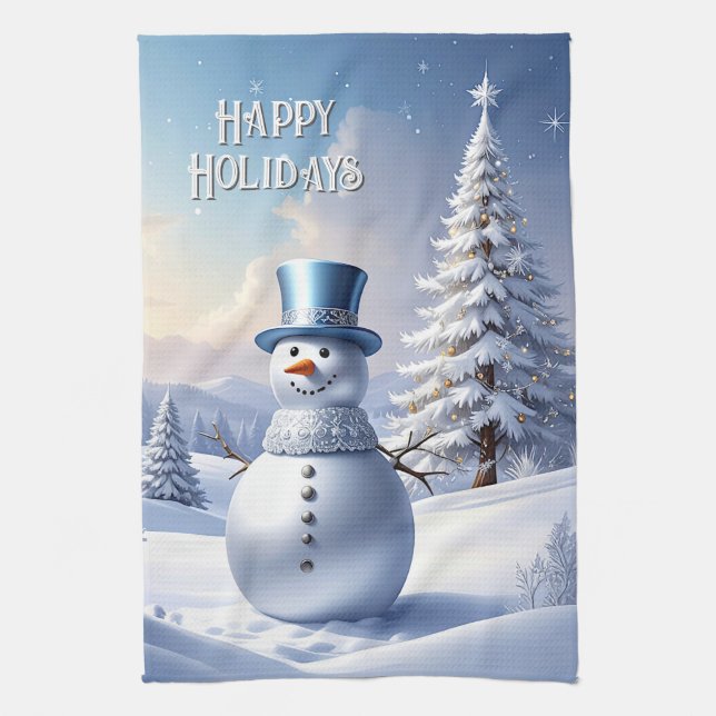 Blue Hat Snowman Christmas Tree Holiday Geschirrtuch (Vertikal)