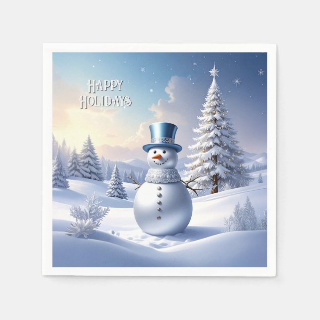 Blue Hat Snowman Christmas Tree Holiday Napkin Serviette (Vorderseite)
