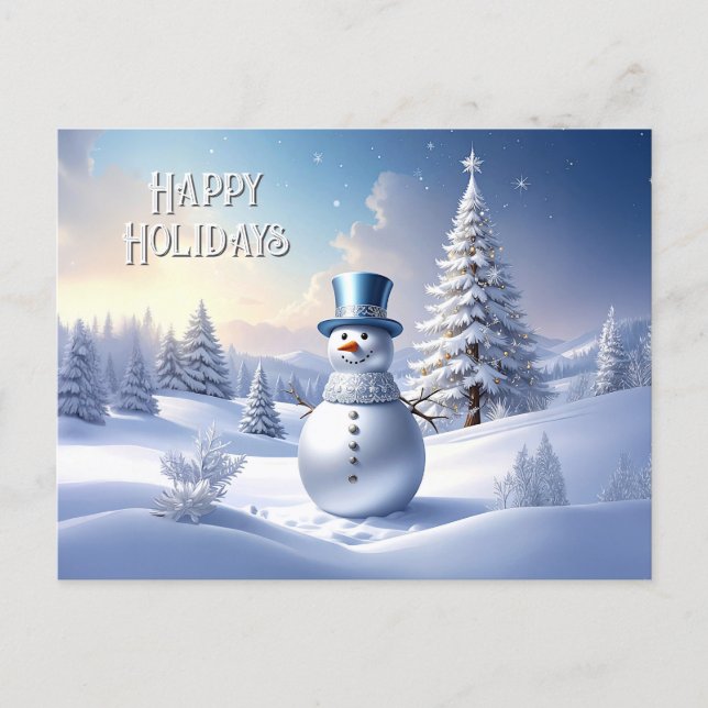 Blue Hat Snowman Christmas Tree Holiday Postcard Postkarte (Vorderseite)