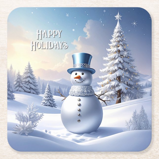 Blue Hat Snowman Christmas Tree Holiday Rechteckiger Pappuntersetzer (Vorderseite)