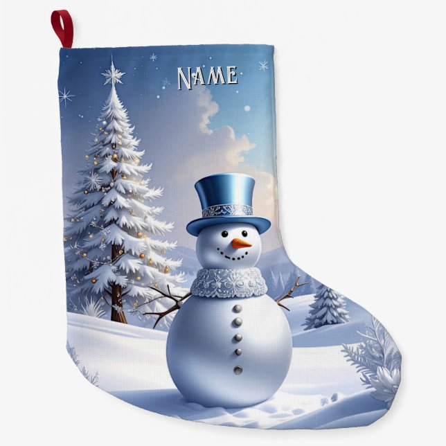Blue Hat Snowman Christmas Tree Holiday Stocking Großer Weihnachtsstrumpf (Vorderseite)