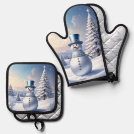 Blue Hat Snowman Christmas Tree Ofenhandschuh & Topflappen-Set