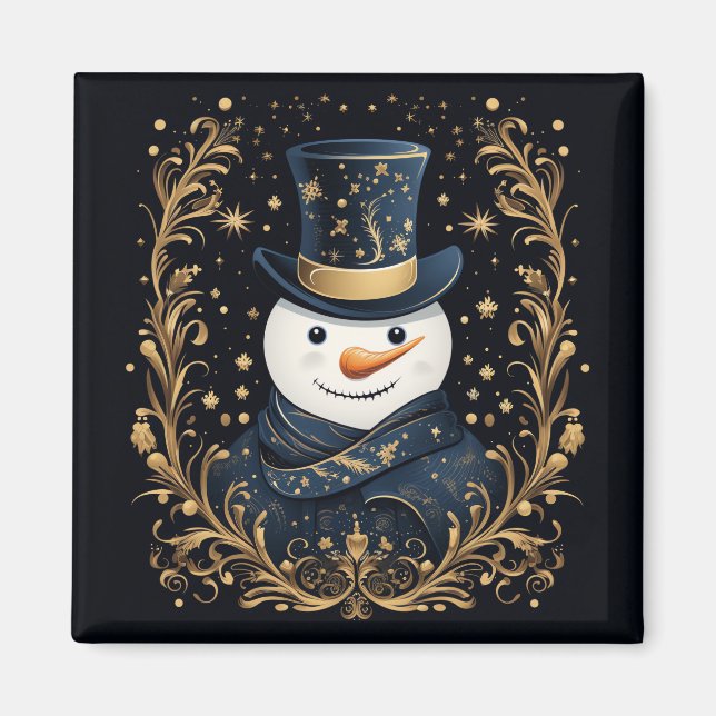 Blue Hat Snowman Gold Decorative Holiday Magnet (Vorne)