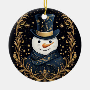 Blue Hat Snowman Gold Decorative Ornament