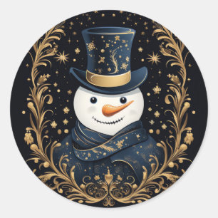 Blue Hat Snowman Gold Decorative Sticker