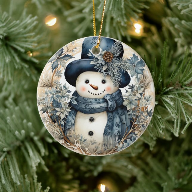 Blue Hat Snowman Weihnachten Keramik Ornament (Baum)