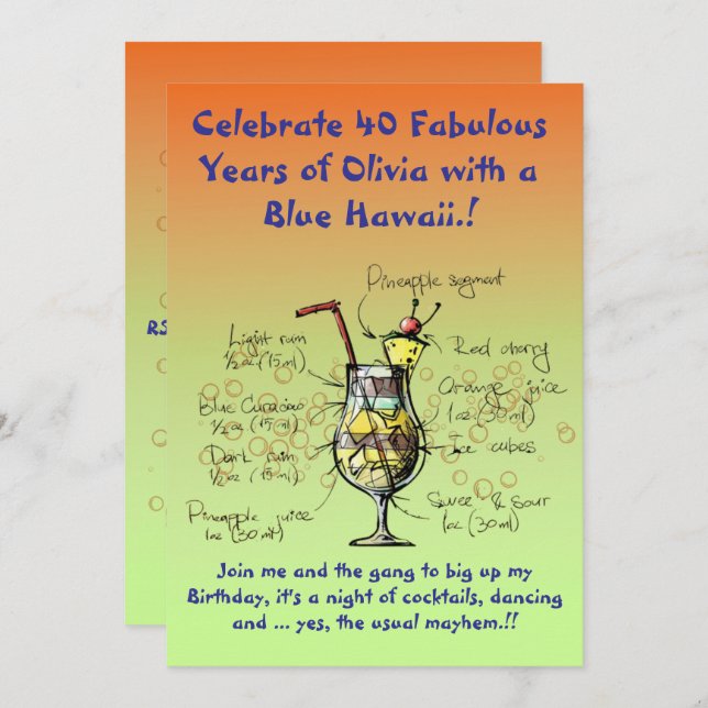 Blue Hawaii Geburtstagsparty Einladung (Vorne/Hinten)