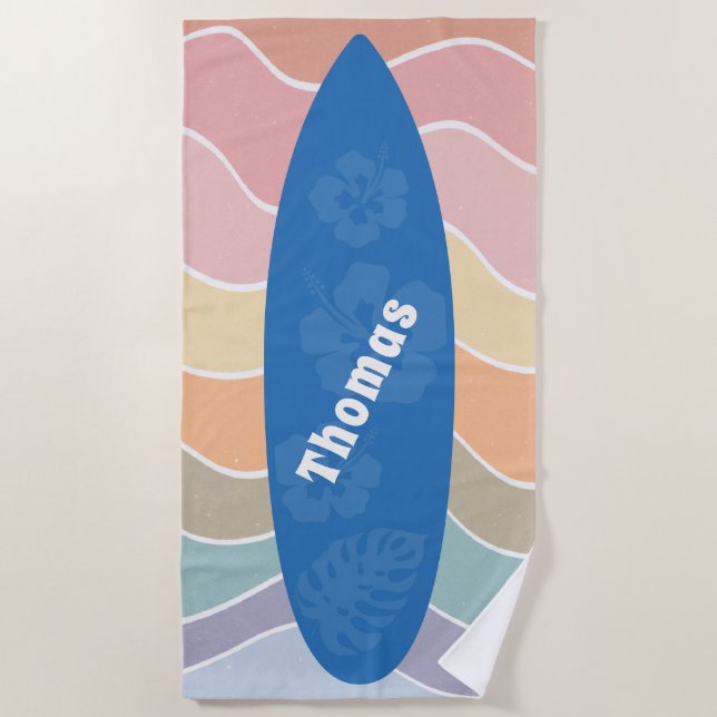 Blue Hawaii Surfboard on Pastel Waves Strandtuch (Vorderseite)