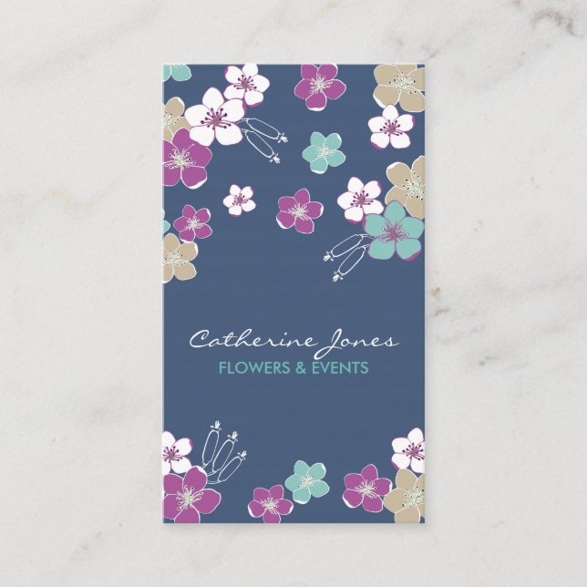 Blue hawaiian violet exotic flowers illustration visitenkarte (Vorderseite)