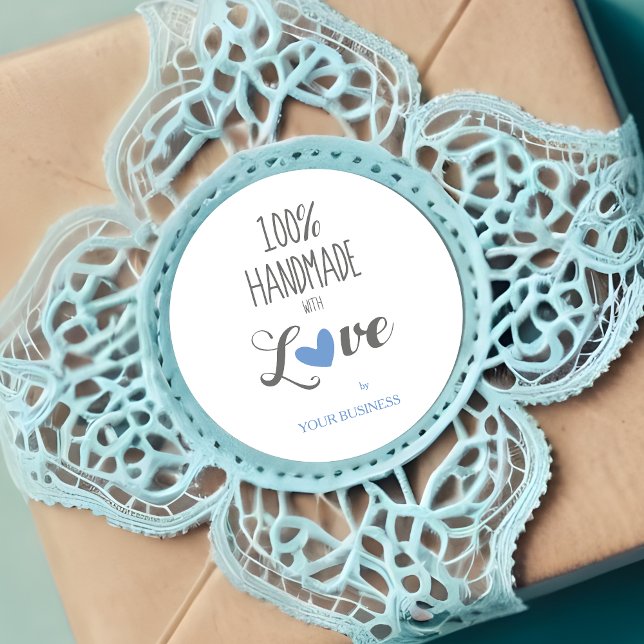 Blue Heart 100% Handmade with Love Quote Runder Aufkleber (Blue Heart 100% Handmade with Love Quote Round Sticker.)