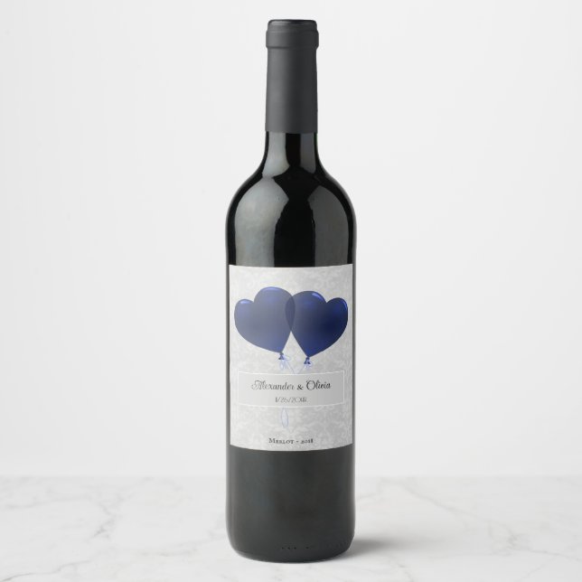 Blue Heart Balloons Wedding Wine Label Weinetikett (Vorderseite)