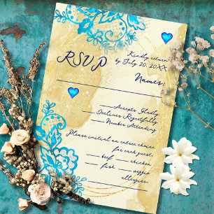 Blue Heart Barock Goldspitze Mexikanische Hochzeit RSVP Karte