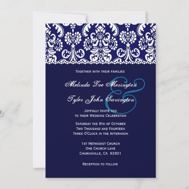 Blue Heart Damask mit Lace Wedding A04 Einladung (Vorderseite)
